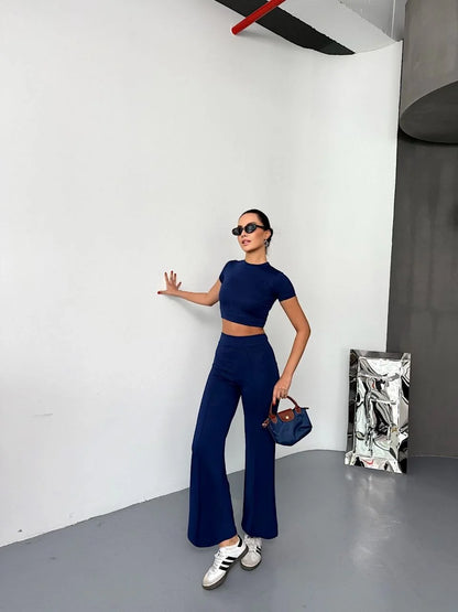 Osy Modal Yumuşak Dokulu Kumaş Kısa Kollu Crop Alt ispanyol Paça Pantalon ikili Takım - Kahverengi