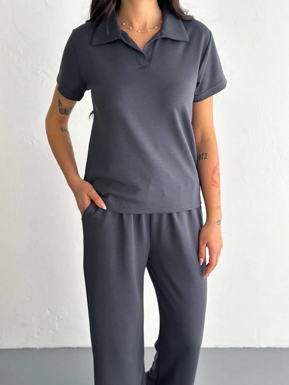 Osy Modal Yumuşak Dokulu Kumaş Kısa Kollu Yakalı T-shirt Pantalon ikili Takım- Siyah