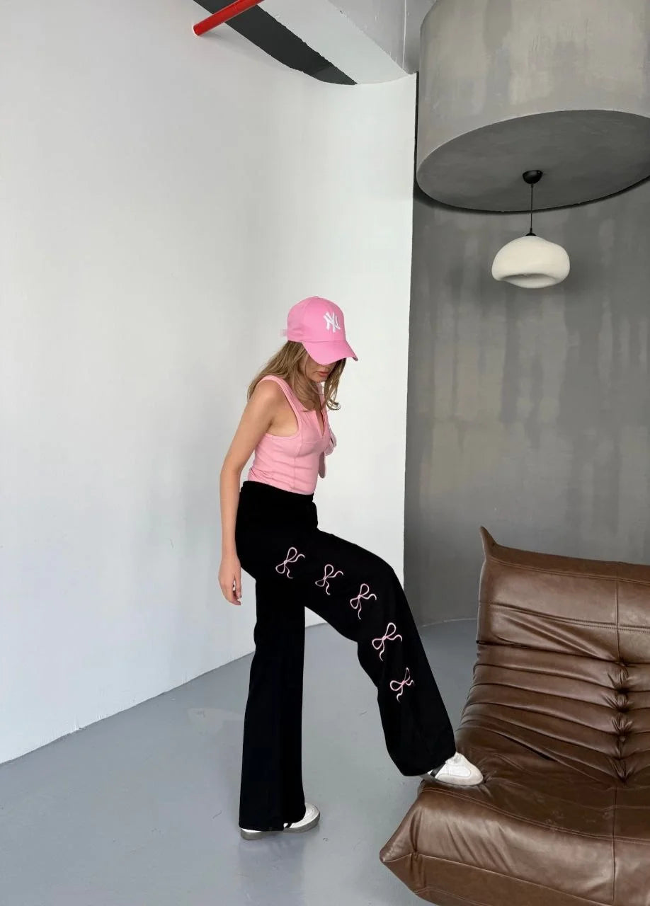 Osy Modal Yumuşak Dokulu Kumaş Nakış işlemeli Rahat Bol Paça Eşofman Pantalon - Siyah