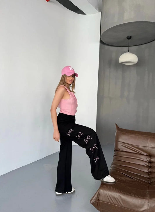 Osy Modal Yumuşak Dokulu Kumaş Nakış işlemeli Rahat Bol Paça Eşofman Pantalon - Siyah