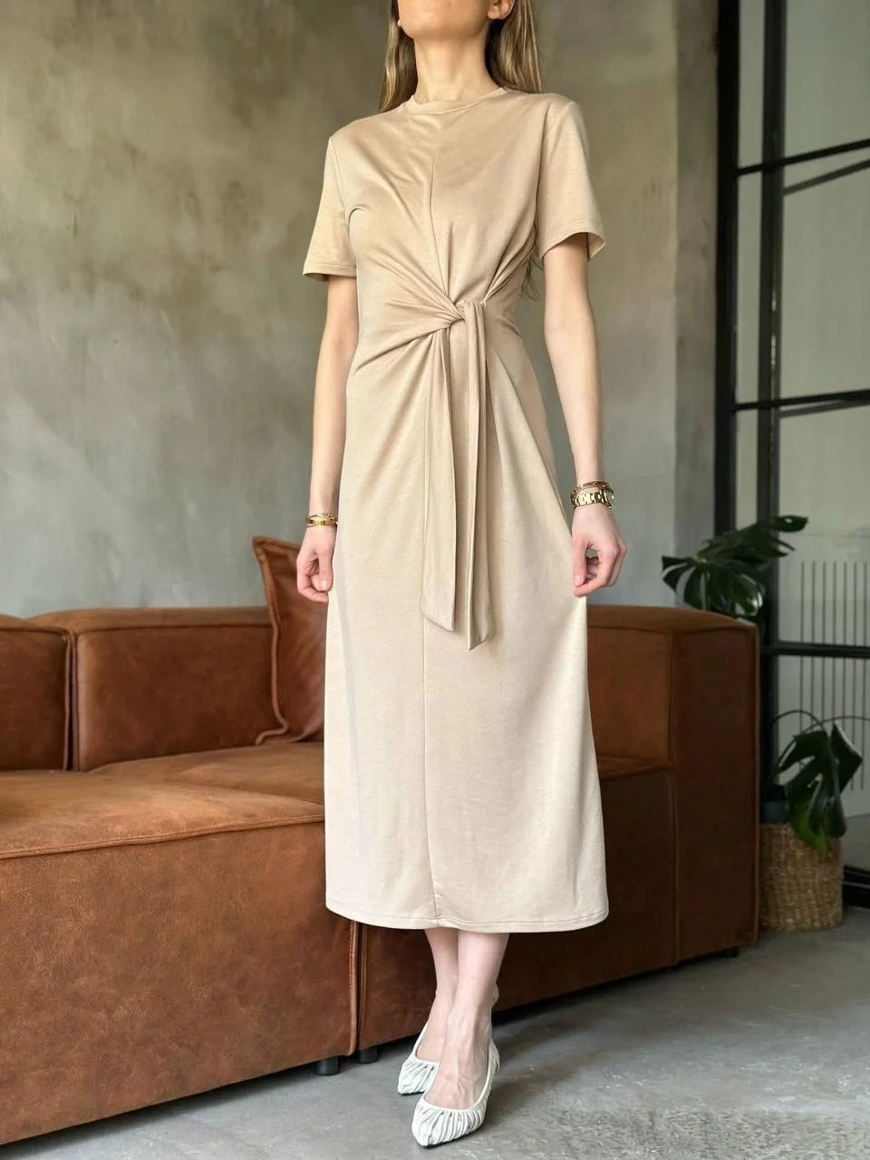 Osy Modal Yumuşak Dokulu Kumaş Yandan Bağlamalı Elbise - Siyah