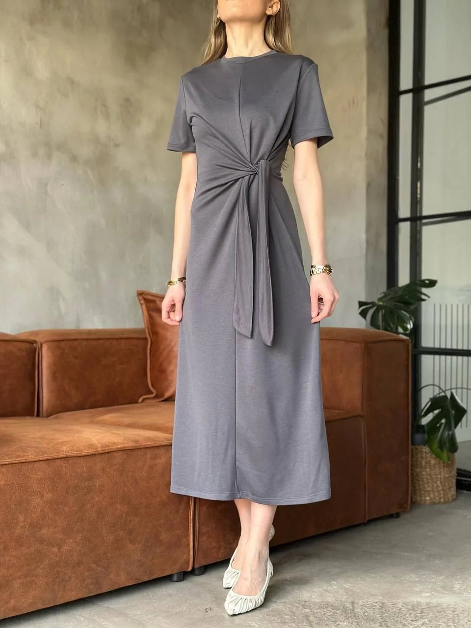 Osy Modal Yumuşak Dokulu Kumaş Yandan Bağlamalı Elbise - Siyah