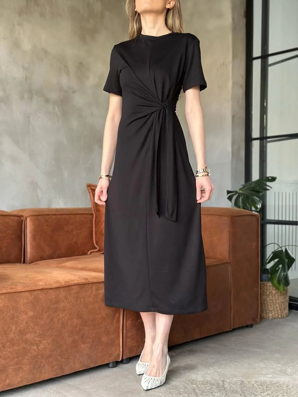 Osy Modal Yumuşak Dokulu Kumaş Yandan Bağlamalı Elbise - Siyah