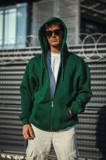 Oversize Tam Fermuarlı Uzun Kol Hırka - Siyah