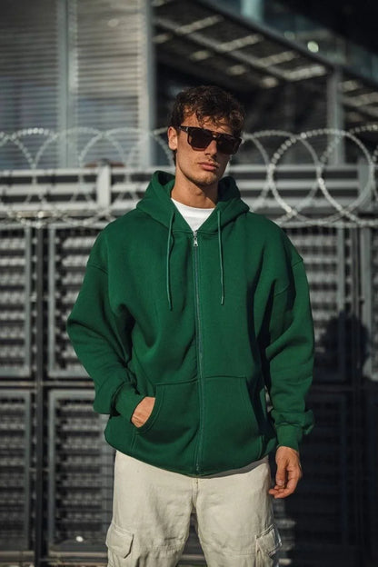 Oversize Tam Fermuarlı Uzun Kol Hırka - Siyah