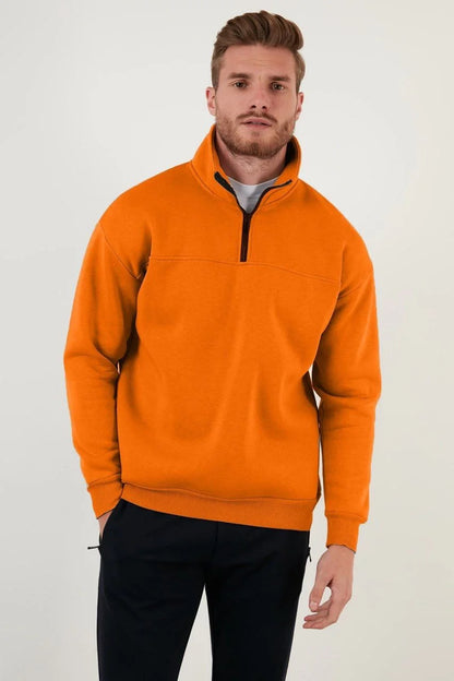Oversize Yarım Farmuarlı Yakalı Basic SweatShirt - Siyah