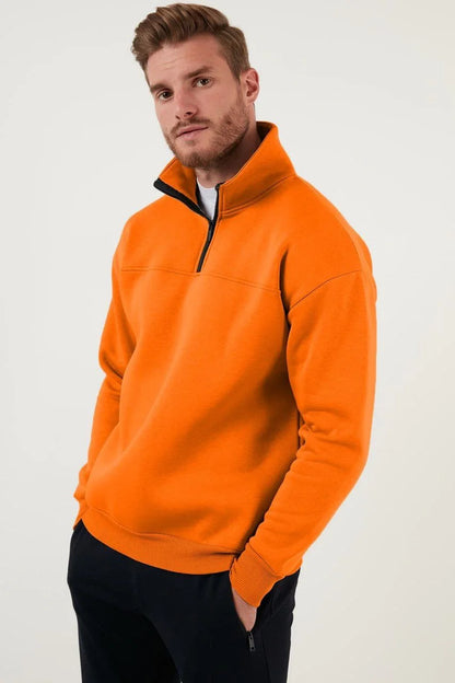 Oversize Yarım Farmuarlı Yakalı Basic SweatShirt - Siyah