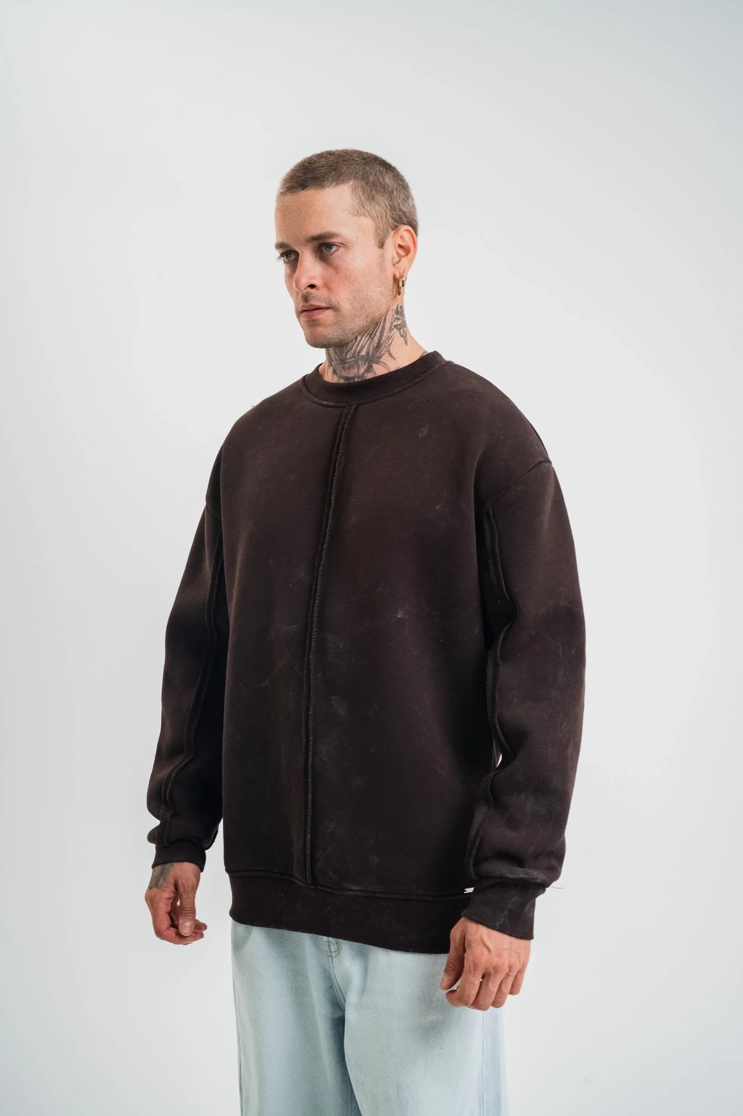 Unisex Bisiklet Yaka Özel Pis Dikişli Yıkamalı SweatShirt - Siyah