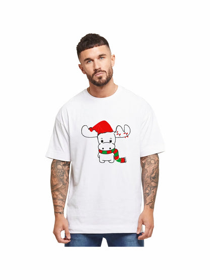 Ren Geyiği baskılı Noel İçin T-shirt - Beyaz