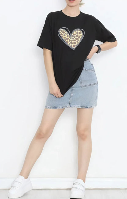 Sevgililer Günü İçin Özel Tasarım Leopar Kalp Baskılı T-shirt - Siyah