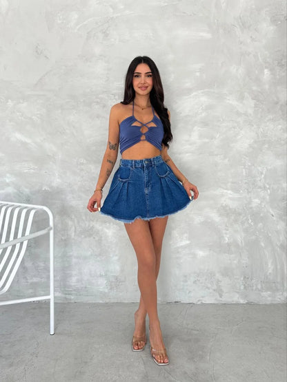 Şık Pileli Yazlık Mini Etekli Kot- Siyah