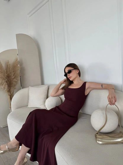 Sırt Dekolteli Kolsuz Uzun Elbise - Siyah