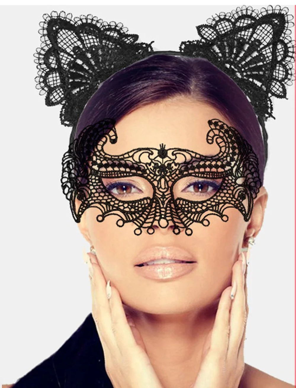 Siyah Renk Dantel Maske ve Dantel Kulak Taç Seti Yetişkin