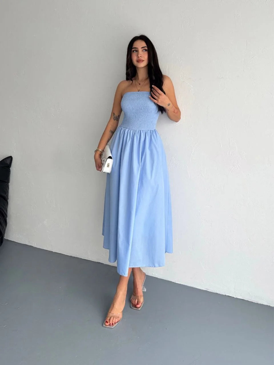 Straplez Pileli Elbise - Su Yeşili