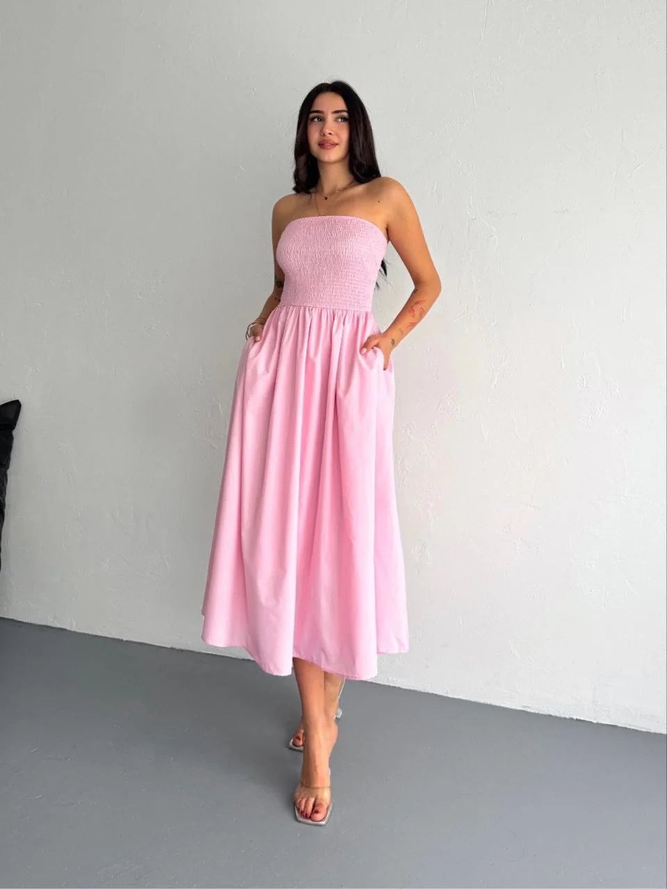 Straplez Pileli Elbise - Su Yeşili