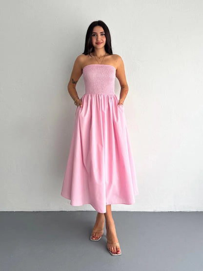 Straplez Pileli Elbise - Su Yeşili