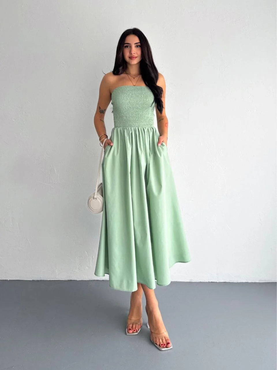 Straplez Pileli Elbise - Su Yeşili