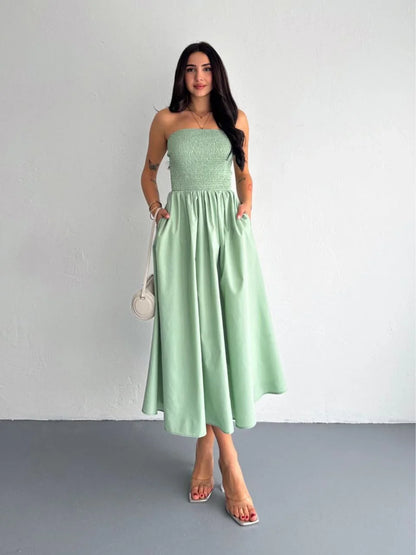 Straplez Pileli Elbise - Su Yeşili