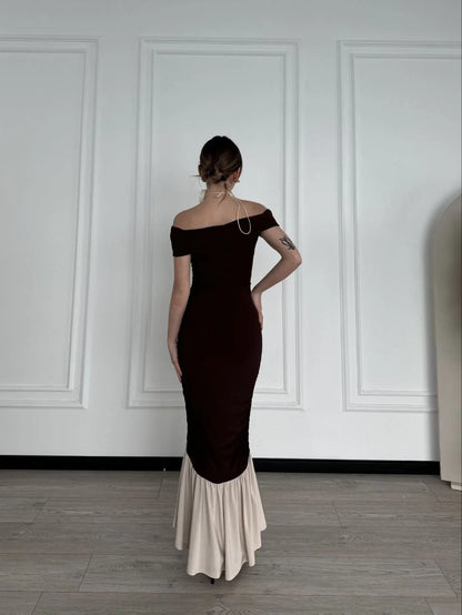 Striptiz Omuzlu Uzun Elbise- Kahve