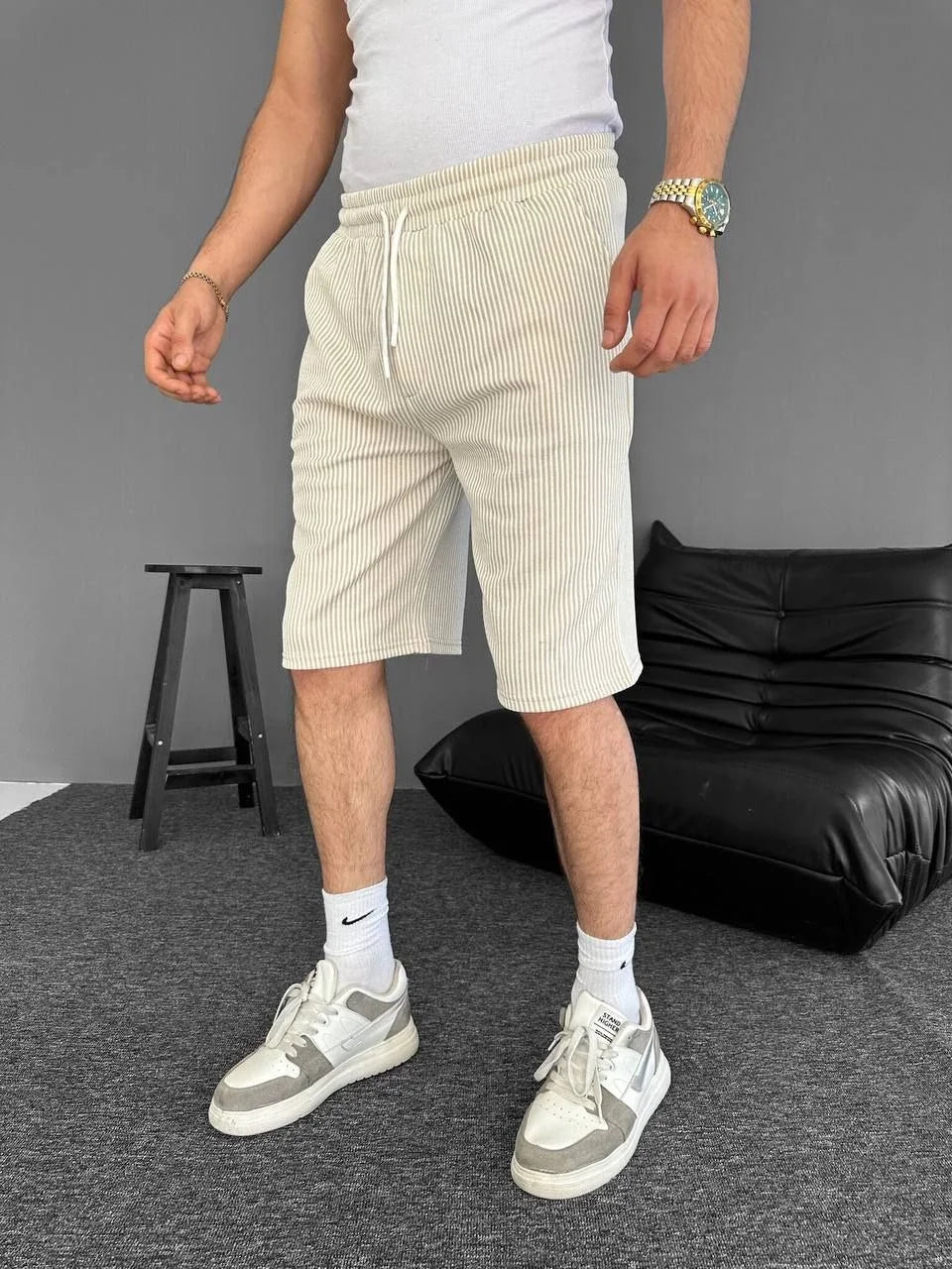 Su Yolu Çizgili Ön Arka Cepli Şort Yazlık Nefes Alabilir - Siyah