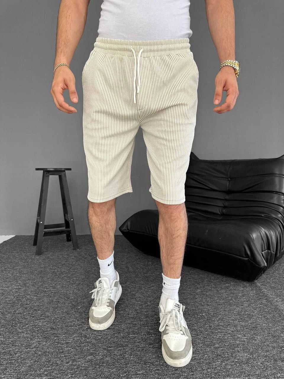 Su Yolu Çizgili Ön Arka Cepli Şort Yazlık Nefes Alabilir - Siyah