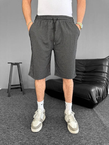 Su Yolu Çizgili Ön Arka Cepli Şort Yazlık Nefes Alabilir - Siyah