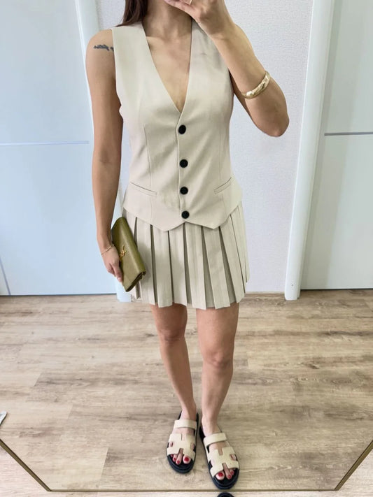 Keten Takım Görünümlü Düğme Detaylı Yelekli Mini Elbise - Bej