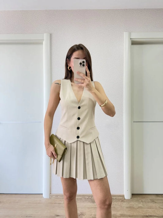 Keten Takım Görünümlü Düğme Detaylı Yelekli Mini Elbise - Bej