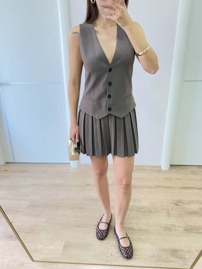 Keten Takım Görünümlü Düğme Detaylı Yelekli Mini Elbise - Bej