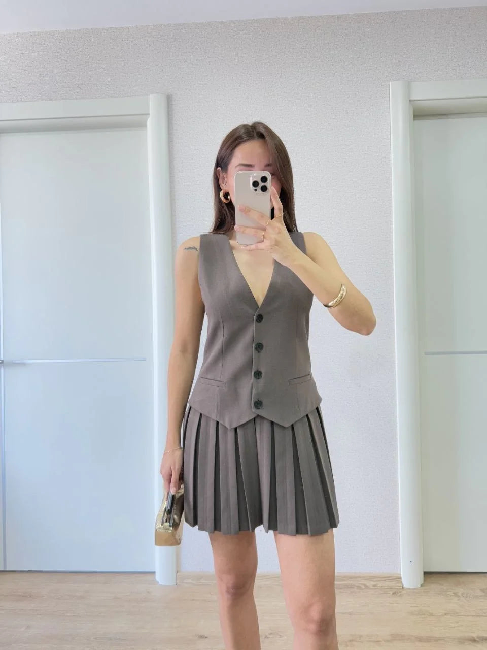 Keten Takım Görünümlü Düğme Detaylı Yelekli Mini Elbise - Bej