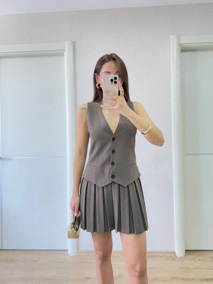 Keten Takım Görünümlü Düğme Detaylı Yelekli Mini Elbise - Bej