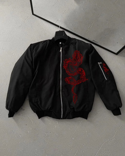 Erkek Unisex Siyah Bomber Mont – Kırmızı Ejderha Desenli, Fermuarlı Cepli, Kapitone Astarlı Günlük ve Sokak Modası Ceket - Siyah