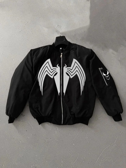 Venom Örümcek Desenli Erkek Mont – Siyah Bomber Ceket, Fermuarlı, Kol Fermuarlı Cep Detaylı, Günlük ve Sokak Modası İçin Uygun - Siyah