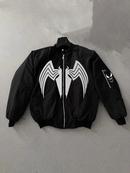 Venom Örümcek Desenli Erkek Mont – Siyah Bomber Ceket, Fermuarlı, Kol Fermuarlı Cep Detaylı, Günlük ve Sokak Modası İçin Uygun - Siyah