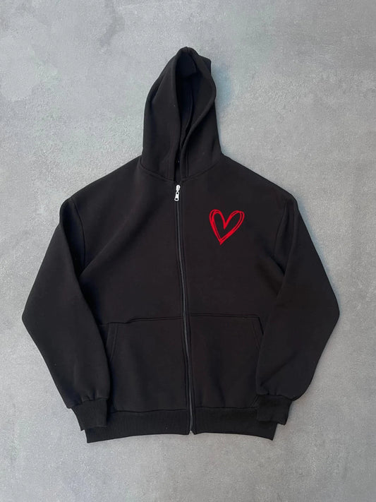 Üç İplik Baskılı Fermuarlı Kapüşonlu Hırka - Siyah