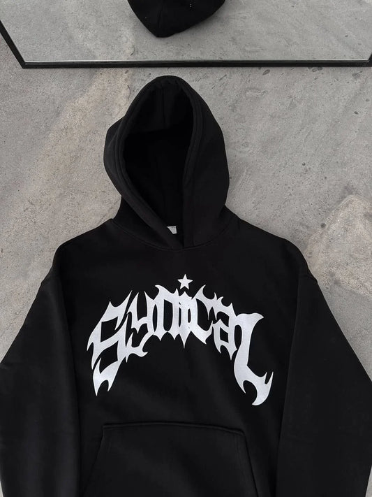 Üç İplik Kapüşonlu Baskılı Oversize SweatShirt- Siyah