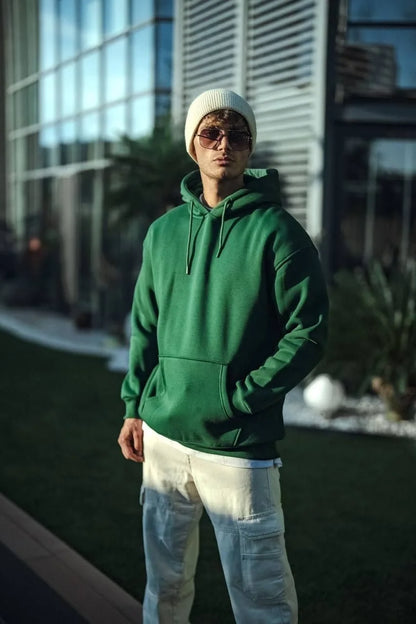 Üç İplik Penye Kapşonlu Basic SweatShirt - Bej