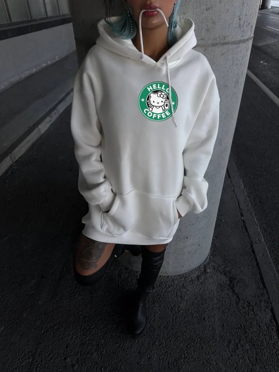 Üç İplik Penye Uzun Kol Kapüşonlu SweatShirt - Beyaz