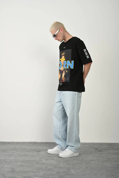 Unisex Baskılı Bisiklet Yaka Oversize T-Shirt - Beyaz