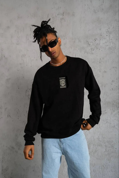 Unisex Bisiklet Yaka Baskılı Oversize Sweatshirt - Beyaz