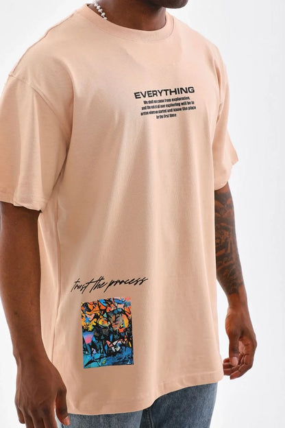 Unisex Bisiklet Yaka Baskılı Oversize T-Shirt - Beyaz