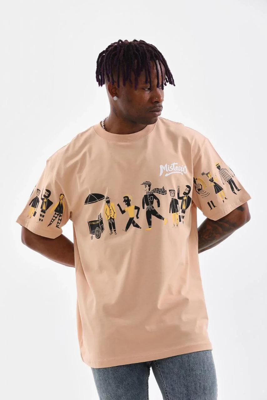 Unisex Bisiklet Yaka Baskılı Oversize T-Shirt - Beyaz