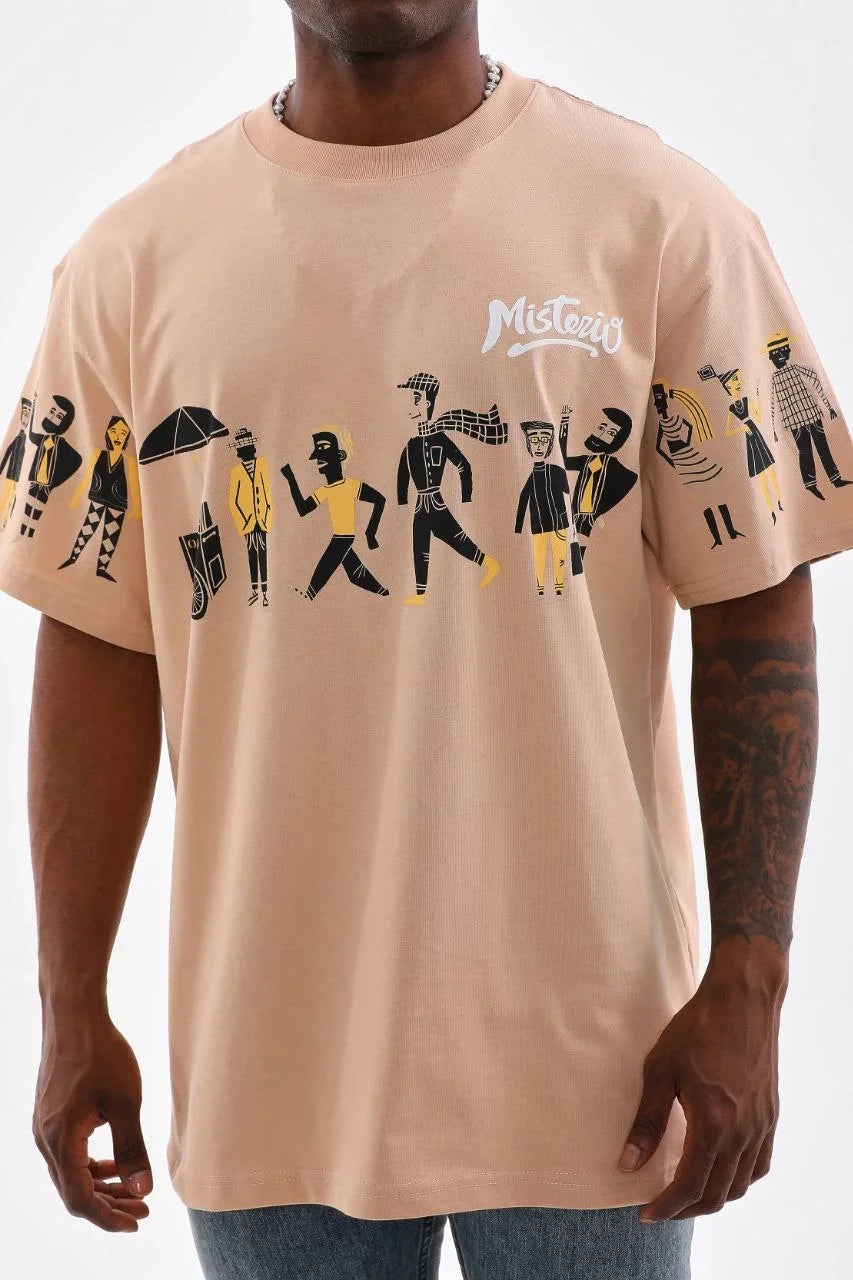 Unisex Bisiklet Yaka Baskılı Oversize T-Shirt - Beyaz