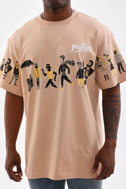 Unisex Bisiklet Yaka Baskılı Oversize T-Shirt - Beyaz