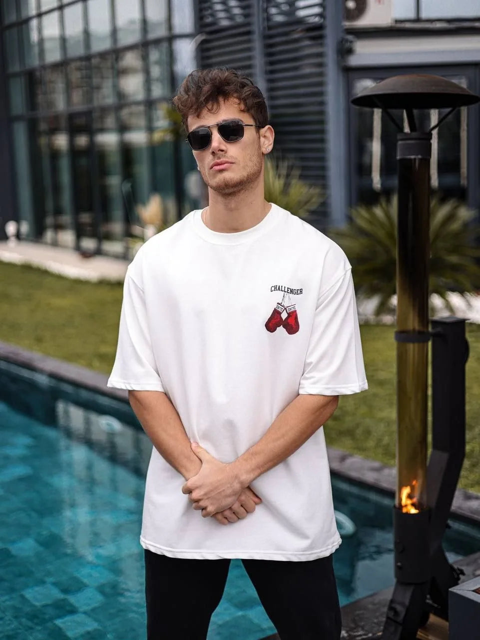 Unisex Bisiklet Yaka Baskılı Oversize T-Shirt - Siyah