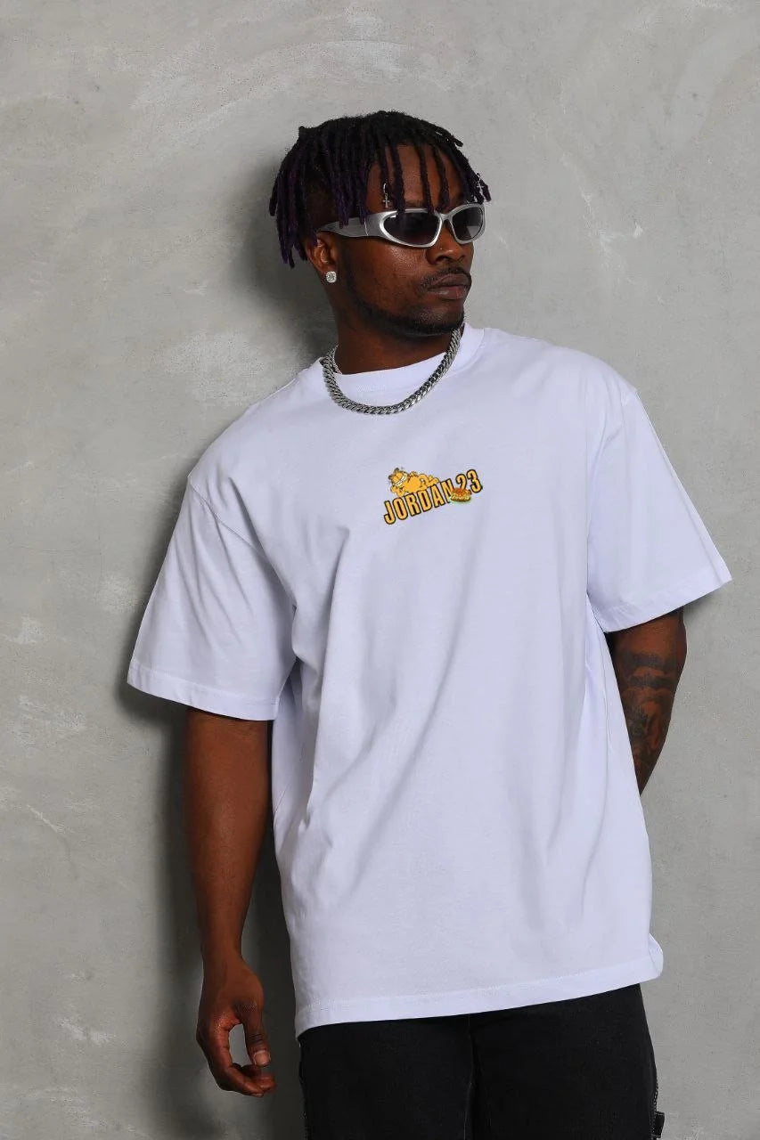 Unisex Bisiklet Yaka Baskılı Oversize T-Shirt - Siyah