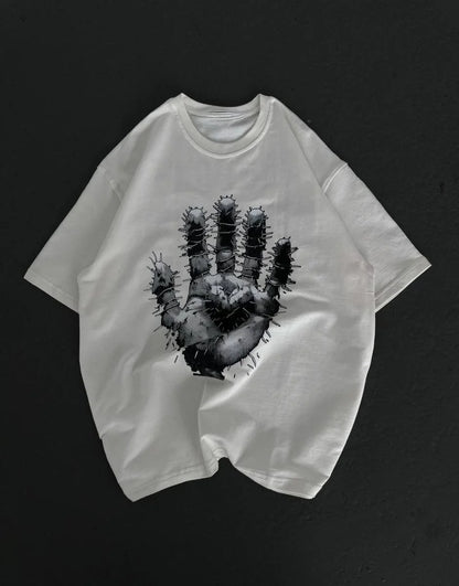 Unisex Bisiklet Yaka Baskılı Oversize T-Shirt - Siyah