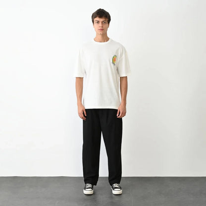 Unisex Bisiklet Yaka Baskılı Oversize T-Shirt - Siyah