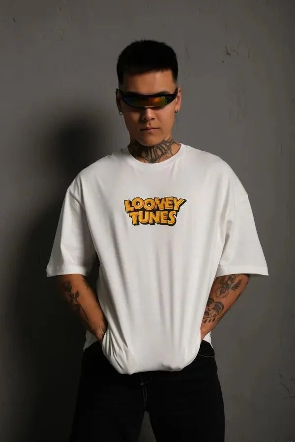 Unisex Bisiklet Yaka Baskılı Oversize T-Shirt - Siyah