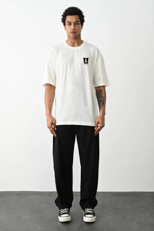 Unisex Bisiklet Yaka Baskılı Oversize T-Shirt - Siyah